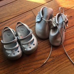 Baby shoe bundle. Silver crocs NWT & silver Mocs